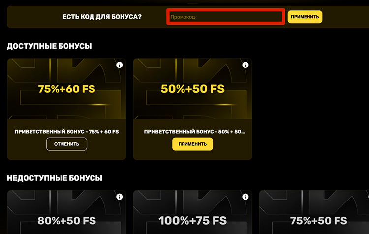 Использование промокода